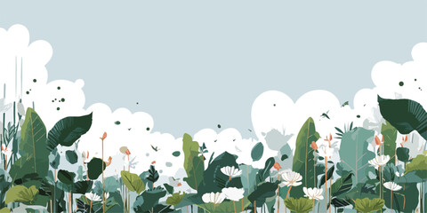 Stylized vector illustration of lush green foliage and delicate white flowers against a soft blue sky.