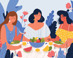 Three diverse women friends enjoy a healthy outdoor summer meal with fresh salad and fruit, surrounded by vibrant stylized garden foliage.