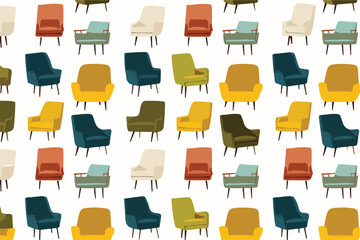 A vibrant vector seamless pattern featuring an array of colorful mid-century modern armchairs, perfect for retro interior design projects and fabric prints.