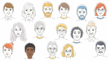 Diverse group of people portraits in a simple line art style.