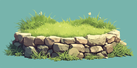 Vector illustration of a circular stone wall raised bed with lush green grass and delicate white flowers, isolated on a teal background.