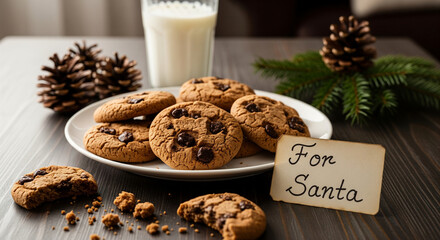 Festive Christmas Eve tradition showing a plate of delicious chocolate chip cookies and a glass of milk left for Santa Claus on a rustic wooden table