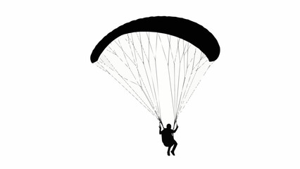 Silhouette of a paraglider descending against a white background.