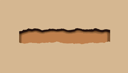 Vector illustration of a horizontal torn paper strip revealing a brown background with a dark edge.
