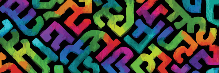 Abstract colorful shapes and patterns in a vibrant, repeating design on a dark background.