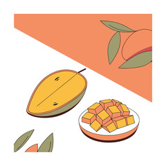 Vibrant illustration of a whole mango half and a plate of diced mango pieces set against a warm orange background with subtle leaf accents, perfect for food design