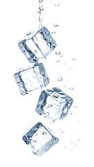 Four ice cubes falling with water droplets isolated on transparent background
