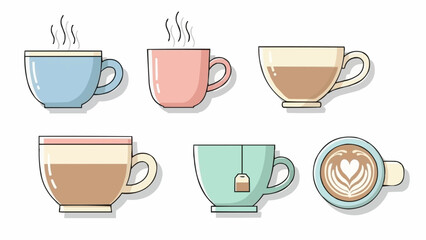 Collection of six different hot beverages in cups and mugs.