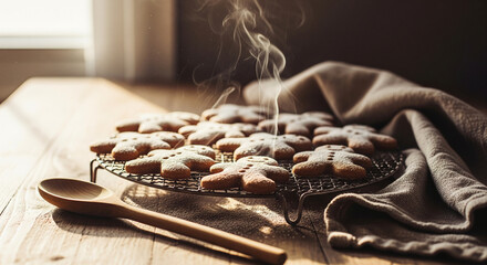 A batch of freshly baked gingerbread man and snowflake cookies steaming on a cooling rack, dusted with powdered sugar on a rustic wooden kitchen table