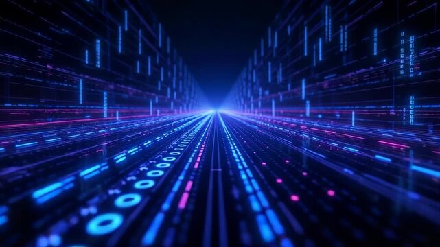 A high-tech digital data stream visualization featuring vibrant neon blue and pink lines representing connectivity and information flow in a futuristic cyber environment.