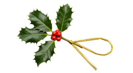 A mistletoe branch with red berries and a golden ribbon png transparent