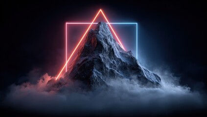 Stark mountain peaks enclosed in vibrant neon shapes against a dark, foggy backdrop