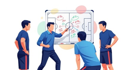 Group of Young Male Athletes in Sportswear Discussing Tactics in Front of Whiteboard on Basketball Court