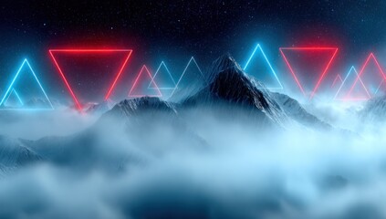 Mountain range shrouded in mist, illuminated by neon triangles against a starry sky