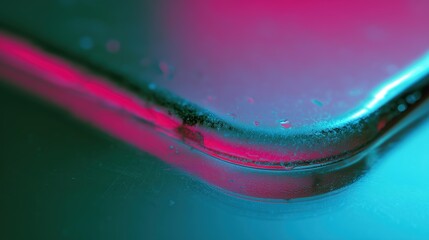 Frosted Glass View of a Mirror-Polished Rectangular Game Tile with Rounded Corners and Beveled Edge in Electric Magenta and Teal Highlights