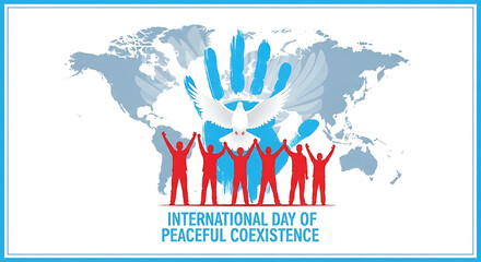 Diverse group of people celebrating international day of peaceful coexistence with world map background