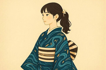 和風の着物を着た女性を横向きに描いたレトロ調イラスト