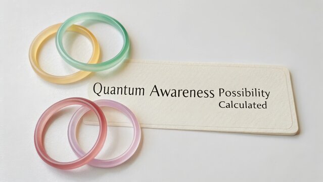 Colorful rings and card representing concepts of quantum awareness, possibility, and calculation on a soft background