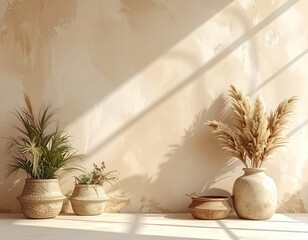 Warm light streams on plants and pots near textured wall