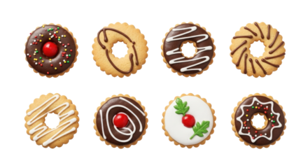 A variety of cookies with different toppings and designs.