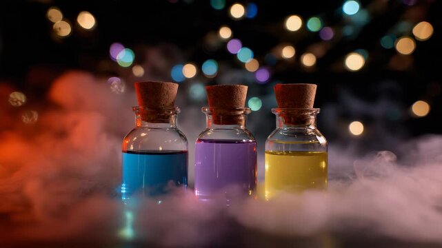 Colorful potions in glass bottles with corks amidst swirling smoke