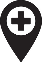 Black medical location marker icon displaying a white plus symbol