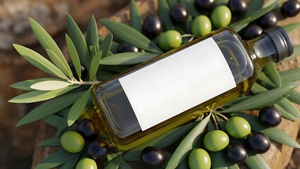 Olive Oil Bottle with Blank Label and Olives olive leaves glass bottle food healthy ingredient cooking Mediterranean green olives