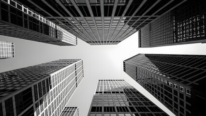 Worm's eye view of tall buildings reaching towards the sky in black and white photography style