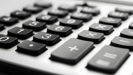 A close up shot of the keys on a calculator showing numbers and mathematical symbols in detail view