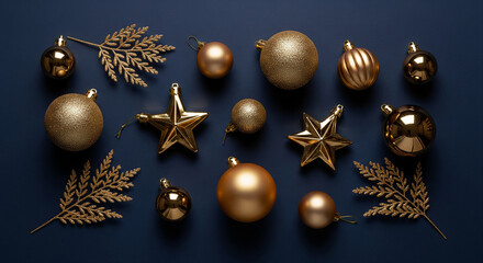 Elegant arrangement of various golden Christmas tree decorations, including shiny and matte baubles and stars, in a flat lay composition on a dark blue background