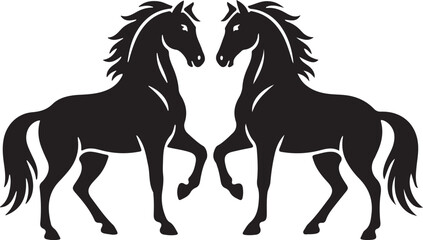 Two majestic black horses facing each other in a stylized graphic