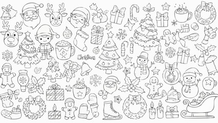Christmas Doodle Elements Collection Santa Claus Snowman Christmas Tree Gifts Wreath.