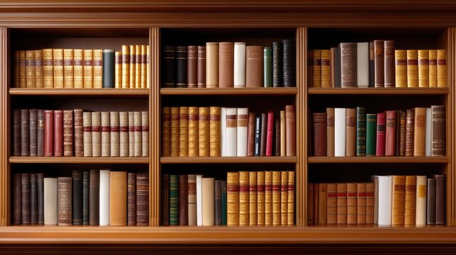 Wooden bookshelf filled with various vintage and modern books in a library setting, showcasing educational resources and knowledge preservation