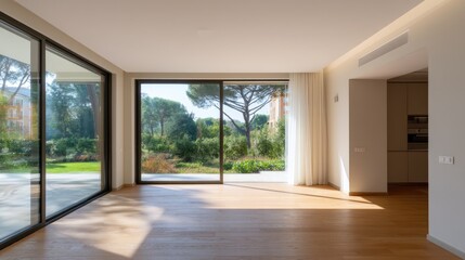 Obraz premium Modern minimalist interior design showcasing spacious room with large windows and natural light highlighting greenery outside in contemporary home