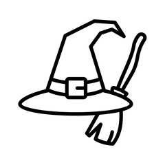 Minimalist vector outline illustration depicting a traditional witch's pointed hat with a buckle and a classic broom, evoking the spirit of Halloween, magic, and mystical folklore for seasonal designs