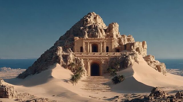 Ancient pyramid structure surrounded by desert sands