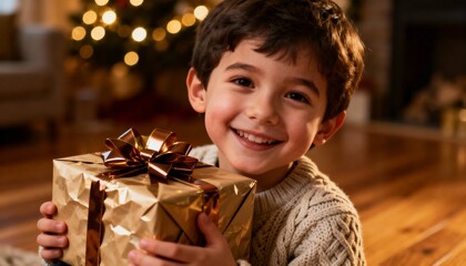 A child beams with joy while holding a wrapped Christmas gift in a cozy room. Soft festive lighting and blurred decorations create a heartwarming, authentic holiday moment filled with excitement.