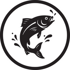 A black and white illustration of a jumping fish within a circular frame