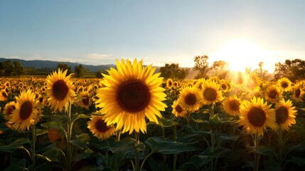 Sunflower Field at Sunset With Light Flares and Warm Colors in an Open Sky Perfect for Banner Copy