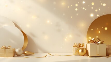 A collection of small gift boxes and shiny gold and silver ornaments are placed on a light surface with a soft, sparkling bokeh background and abstract circular shapes.