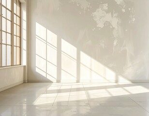 Obraz premium Sunny room corner; textured wall, tiled floor, big window