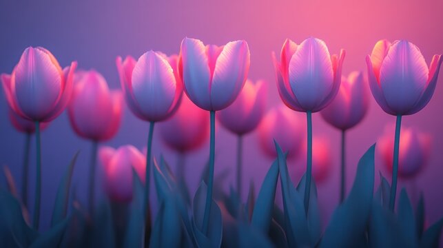 Pink tulips in soft light, vibrant sunset background, spring flowers, landscape