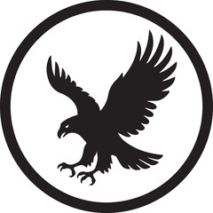 A black silhouette of an eagle with outstretched wings inside a circle