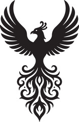 A striking black and white illustration of a phoenix rising from flames