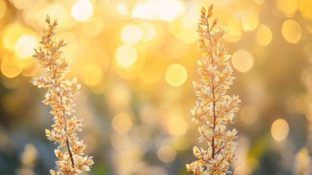 Golden light, delicate plants, blurred background, nature's beauty, use for wallpaper or screensaver