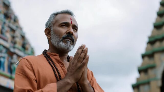 Devotee praying at a Hindu temple, religious and spiritual practice