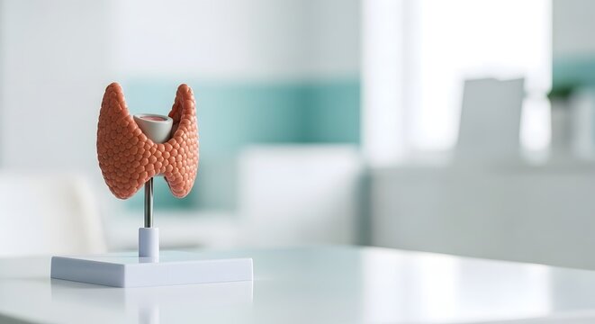 Detailed thyroid gland anatomical model on a white clinic table for endocrine system health education concept and thyroid awareness month