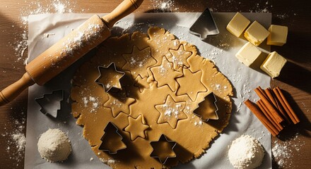 A cozy, top-down view of festive holiday baking, showing rolled-out gingerbread dough with star-shaped cookie cutters, a rolling pin, flour, and butter