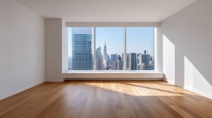 Fototapeta premium Bright and Modern Interior of Urban Apartment with Stunning View of Skyscrapers and Cityscape in Daylight