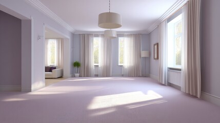 Fototapeta premium Bright and Spacious Living Room with Minimalistic Decor, Soft Color Palette, Large Windows, and Natural Light Inviting Serenity and Comfort